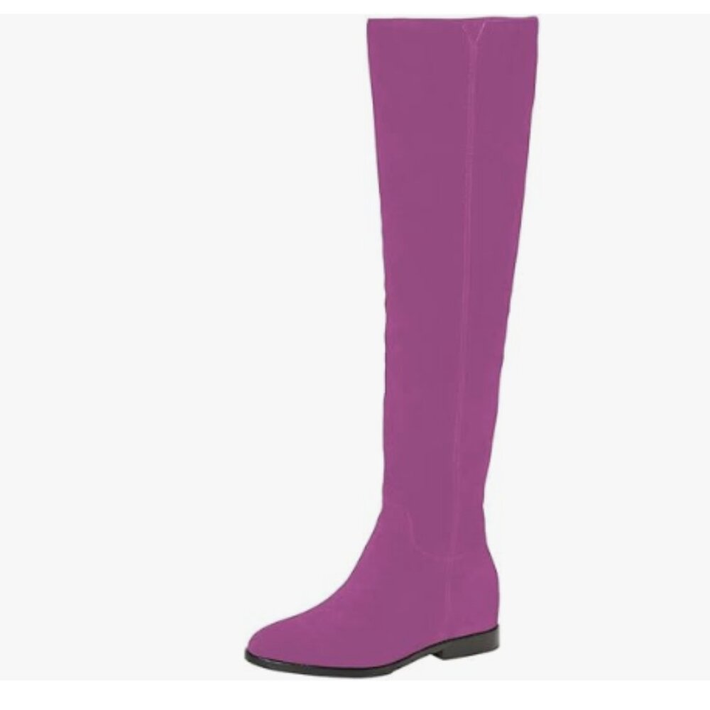 Pazzion Women Almond Toe Knee High Boots with Partial Zipper Stretchy Cold Pink